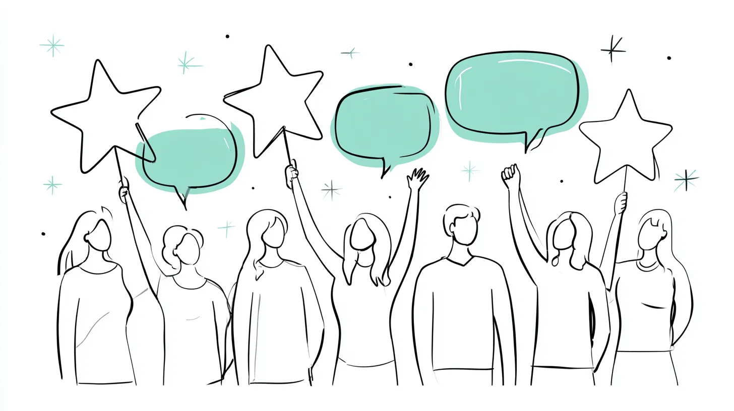 Group of happy customers holding star ratings and feedback bubbles